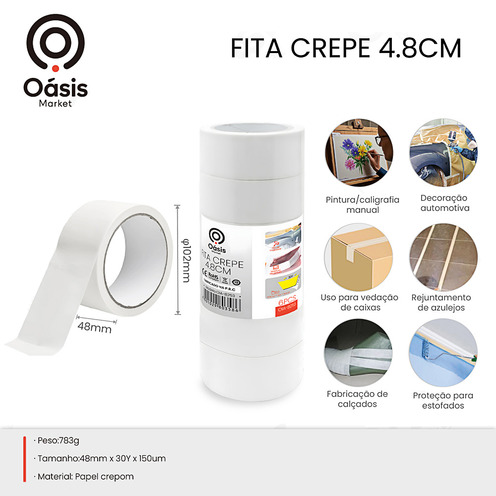 Fita Crepe Uso Geral Adesiva Branca 48mm