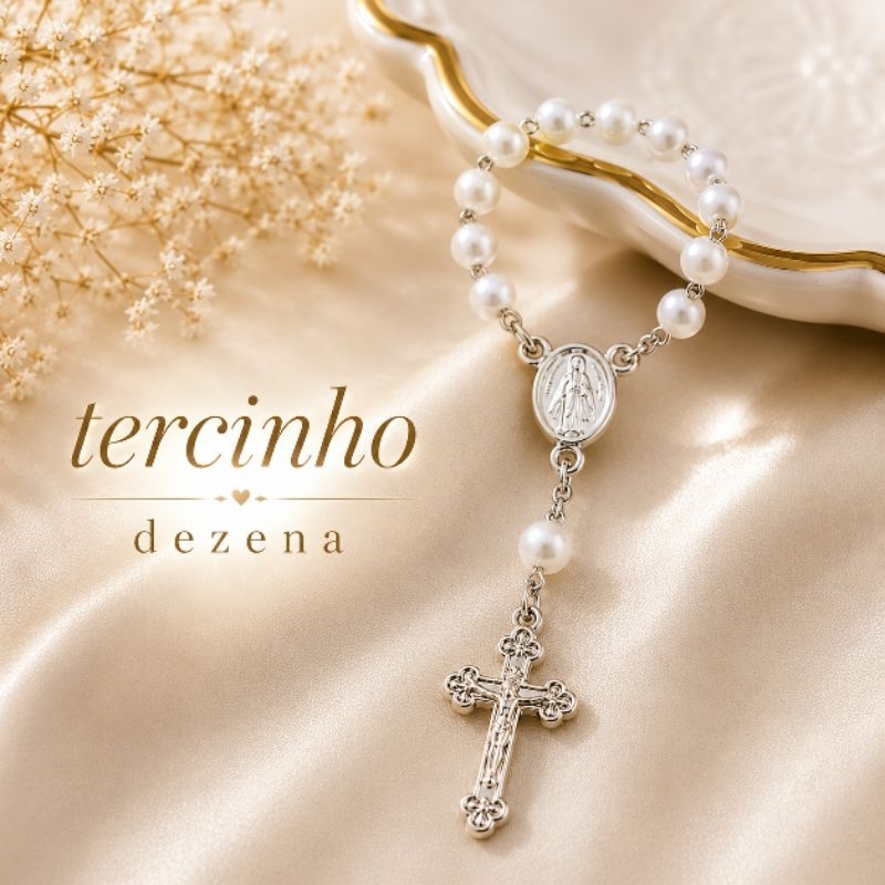 kit com 12 Terço Dezena Pérola Branco Lembrancinha Religiosa Casamento Batizado