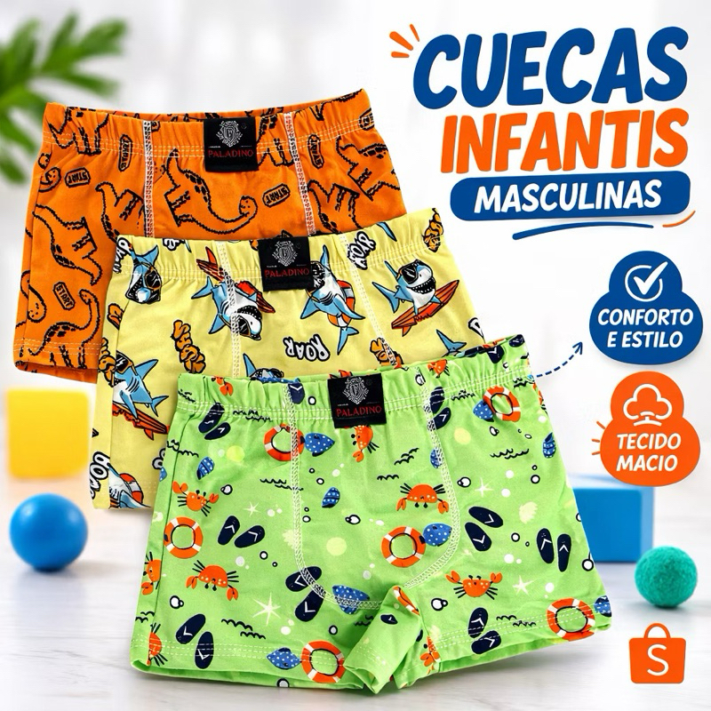 Cueca Boxer Infantil Menino Microfriba Leve Confortável Respirável Estampas Sortidas Roupa Íntima Criança P ao GG