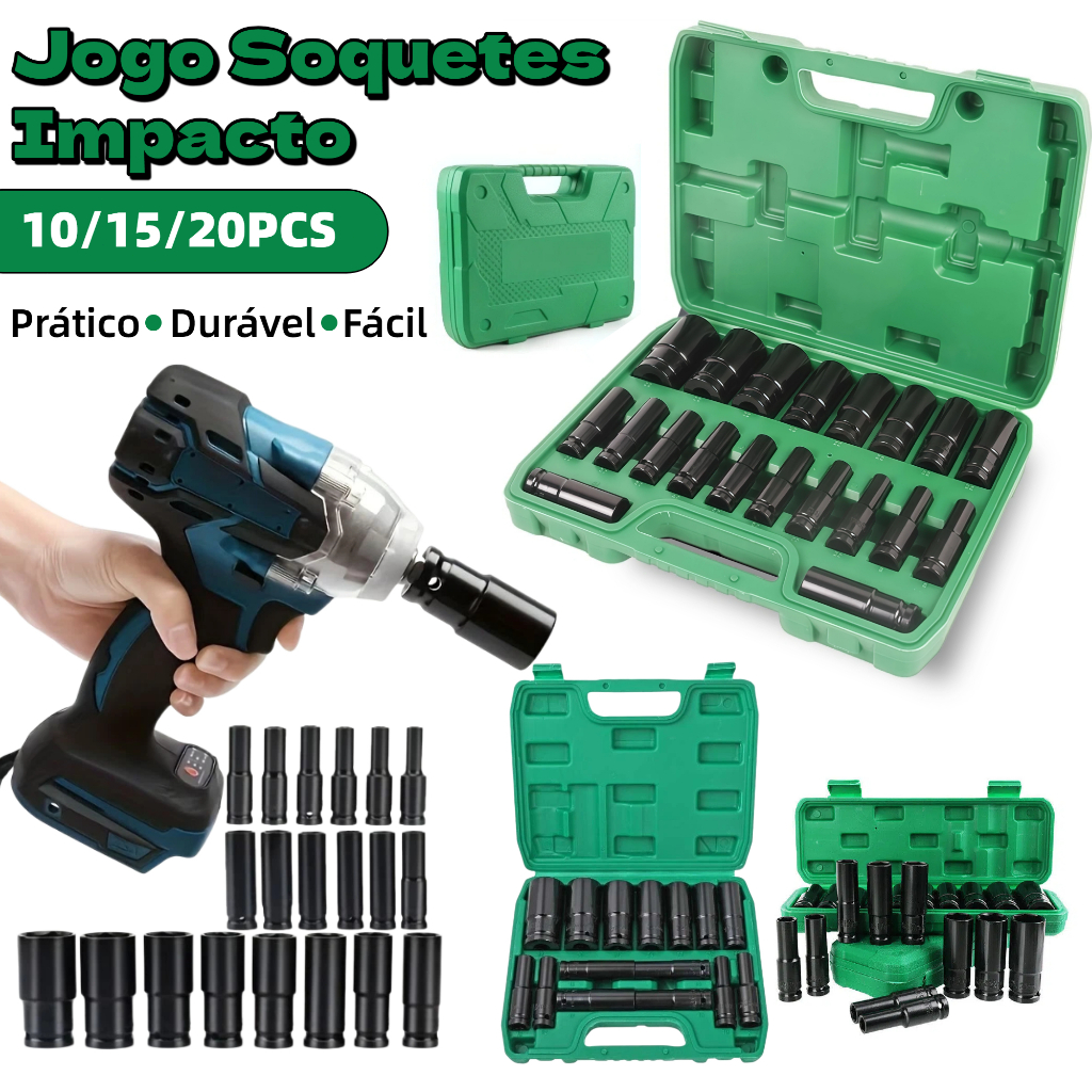 Jogo de Soquetes de Impacto Longo 1/2 10 Peças 8 A 32mm 10/15/20 Pcs