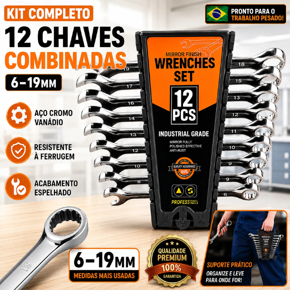Jogo 12 Chave Combinada com Catraca 6-19mm Aço Carbono - Ferramenta Profissional para Mecânica Automotiva