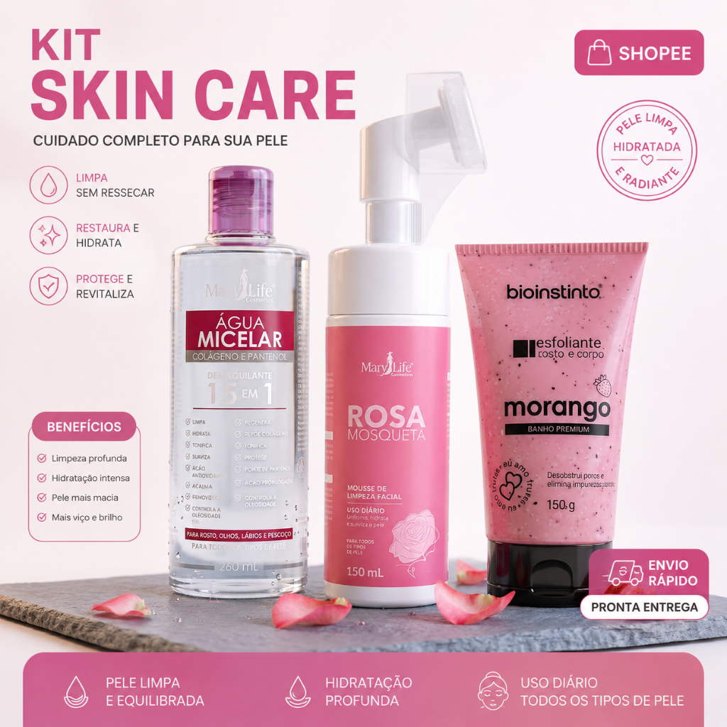 kit skin care Agua Micelar Sabonete Facial e Esfoliante Mary Life