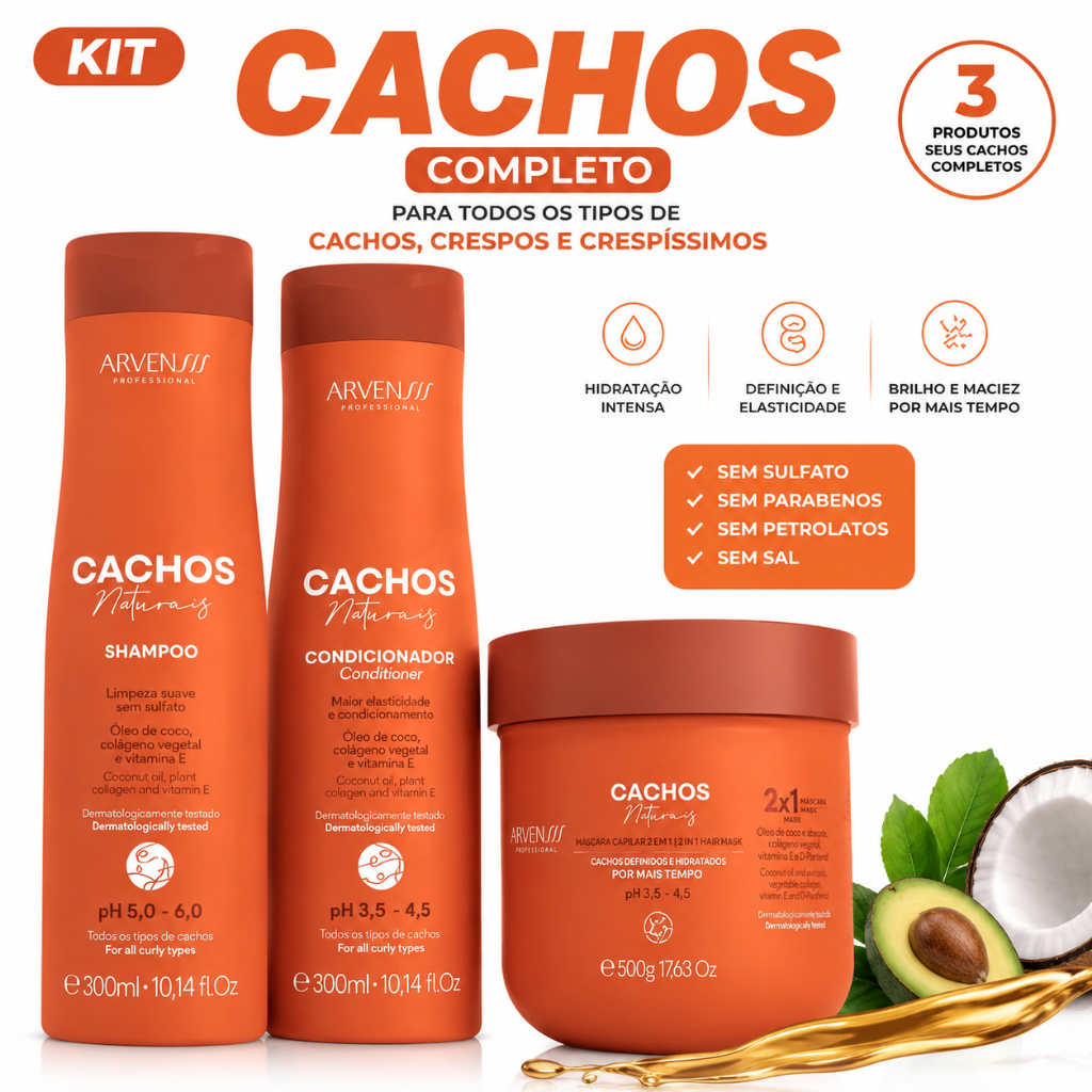 Kit Para Cabelos Cacheados E Crespos Arvensis Shampoo Condicionador Máscara 2x1