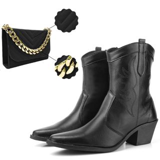 Kit Bota Coturno Country Texana Bordado Feminina + Bolsa Baladinha Bordado