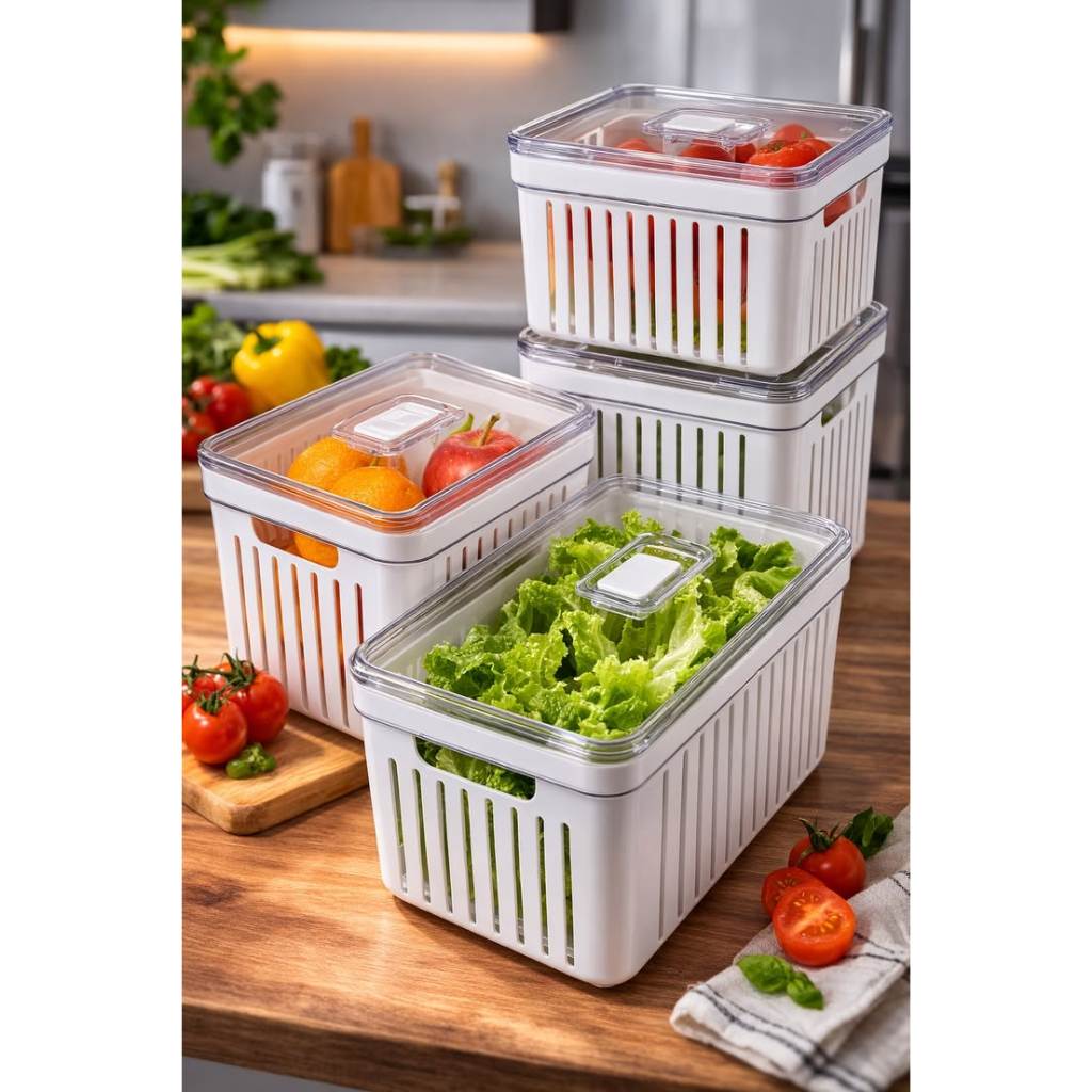 Kit Organizador de Geladeira com Tampa 1,4L 1,9L 2,8L e 3,8L – Cesto Multiuso para Frutas, Verduras e Alimentos | 2 ou 4