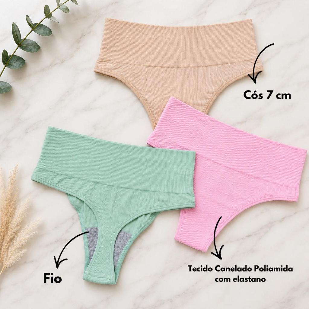 Kit calcinha modeladora compressão segura barriga canelada cós alto poliamida
