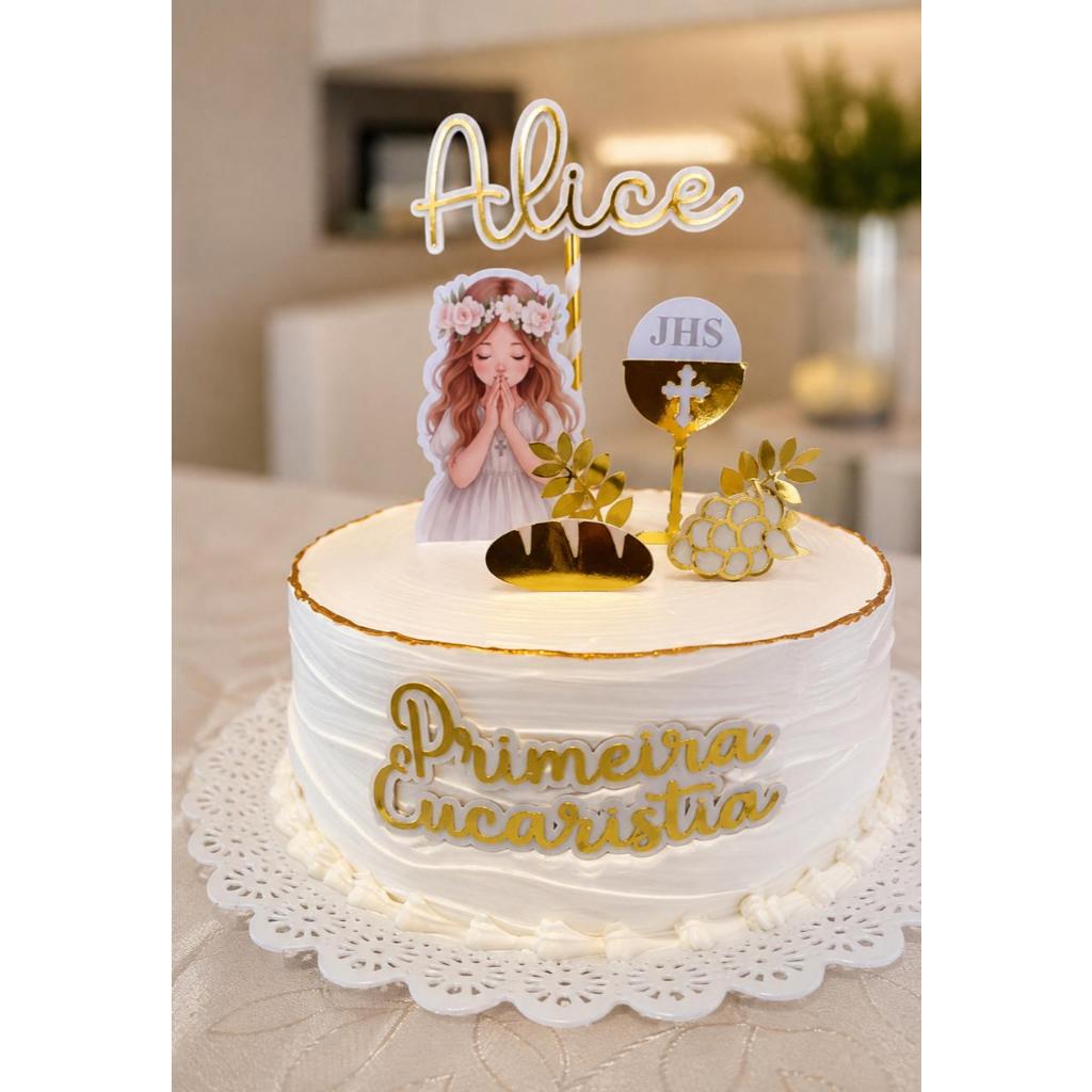 Topo/Topper de Bolo Religioso Primeira Comunhão - 3D com nome personalizavel