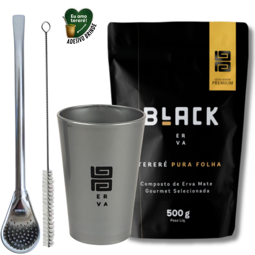Kit Tereré Copo Acrílico Black Erva Cinza 350ml + Bomba Clássica + Erva Mate Black 500g + BRINDES