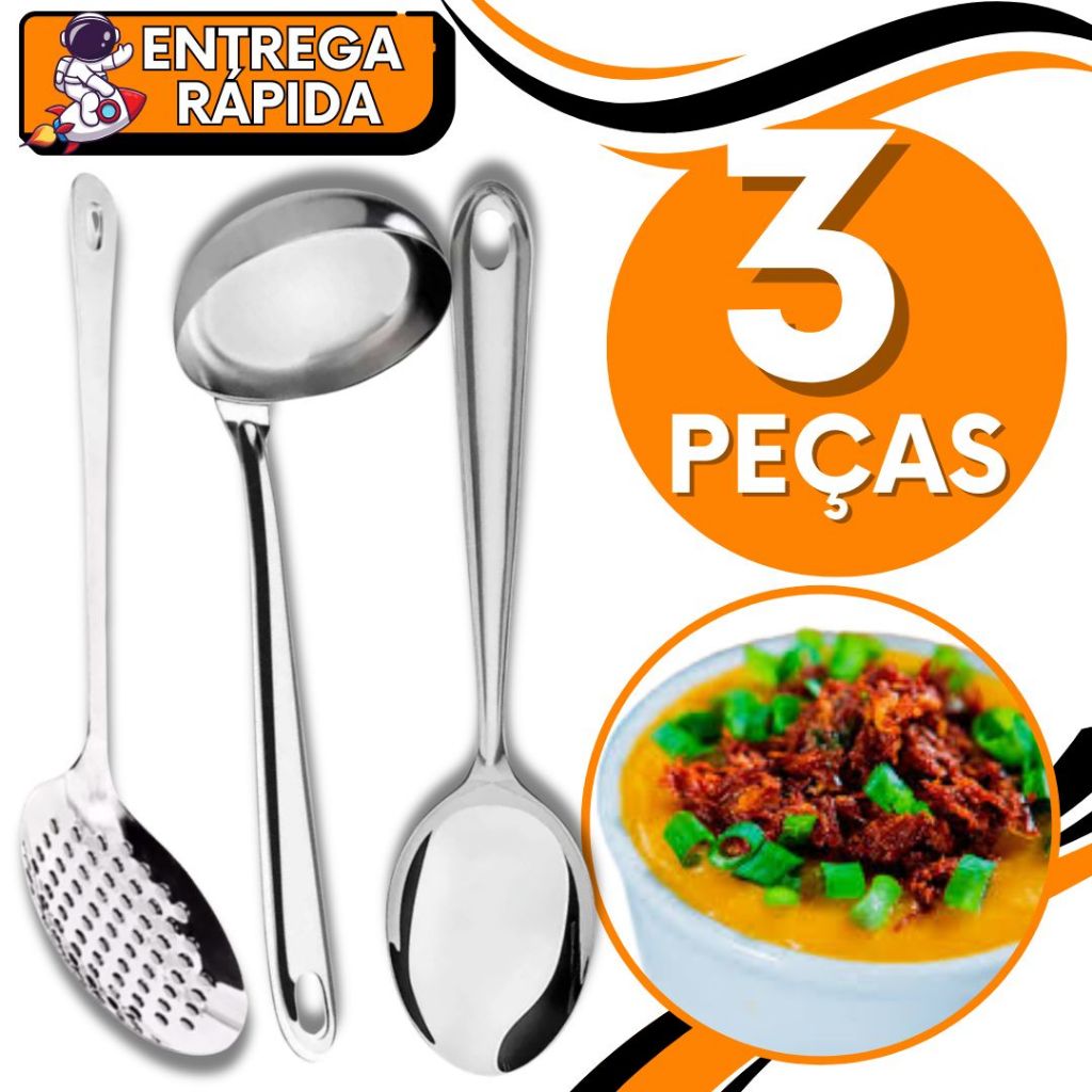 Colher de Servir Concha Escumadeira Fritura Caldo Feijão Arroz Resistente Aço Inox Escoa Coa Serve Pega Caldo