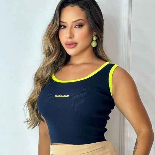 Kit 3 Blusinha Feminina Cropped Regata Bicolor Ribana Canelada