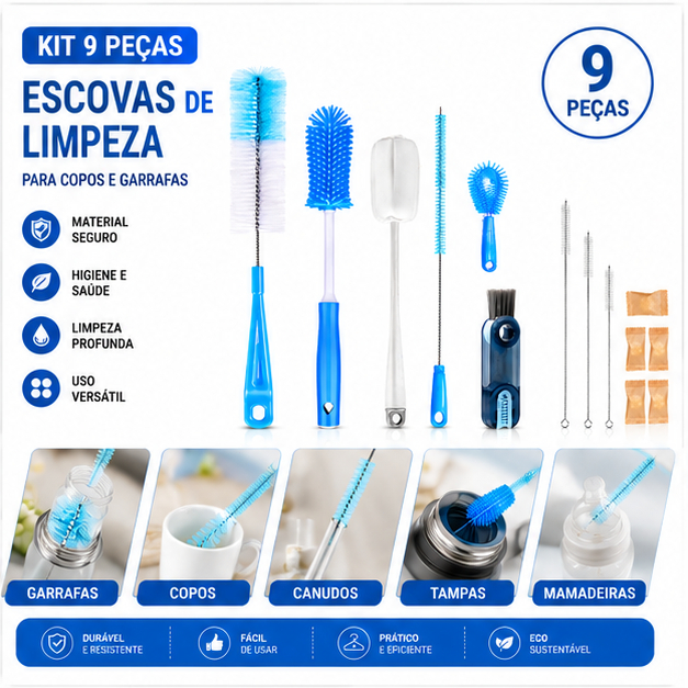 Kit 9 Peças 12Peças Escovas de Limpeza Multifuncionais para Garrafas, Copos, Canudos e Tampas