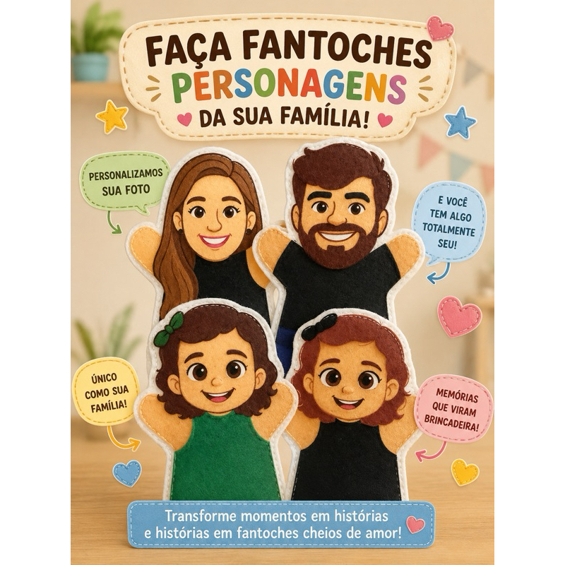 Fantoches de Feltro Família personalizado com foto brinquedo educativo lúdico didático família terapêutica
