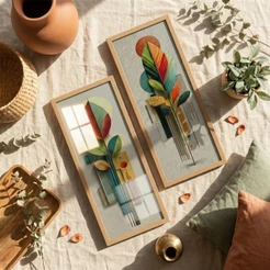 Kit Quadros 18x45 Folhas Abstratas Estilo Boho Moderno Decoração Sala Quarto Banheiro Moldura vidro