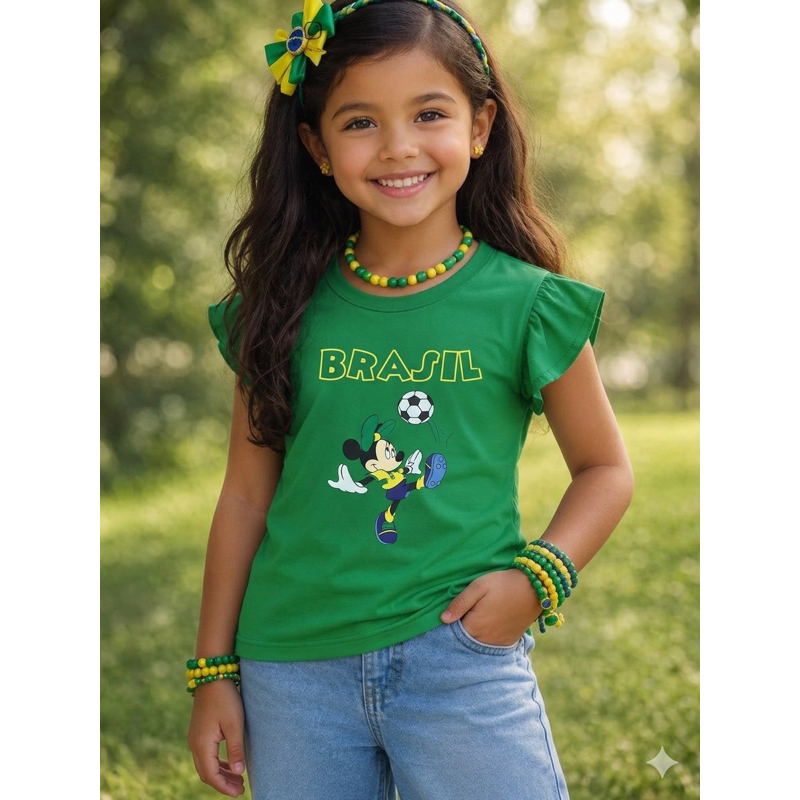 Blusa do Brasil Camiseta Brasil Torcedora Minnie infantil menina manga Babado.