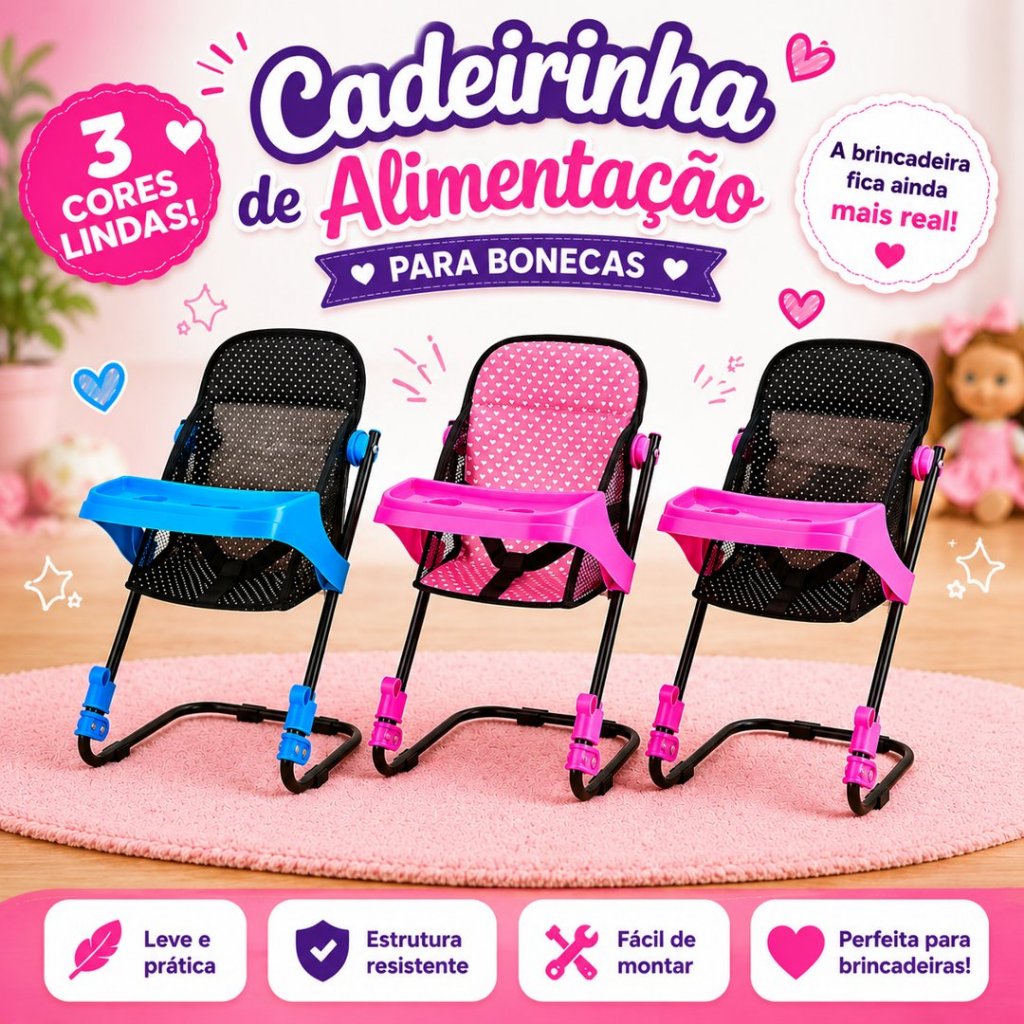 Cadeirinha de Papinha Alimentação para Bonecas Luxo Alive Varias Cores Reborn Sag Toys cadeira papinha