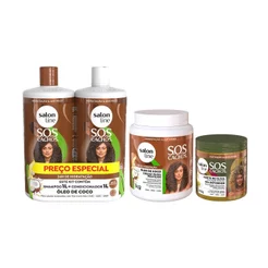 Kit com Creme Para Pentear + Shampoo e Condicionador 1L + Gel Definidor Sos Cachos Salon Line