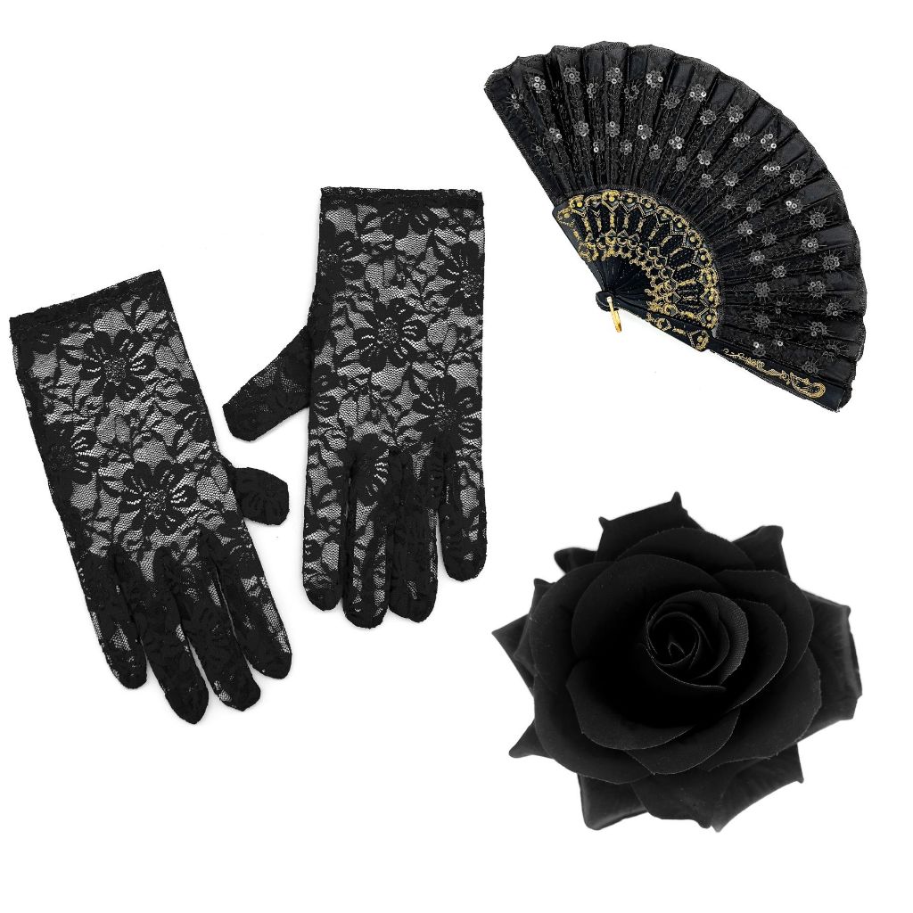 KIT Pombagira Luva Renda Curta + Leque Paete + Rosa Cabelo Pronta Entrega