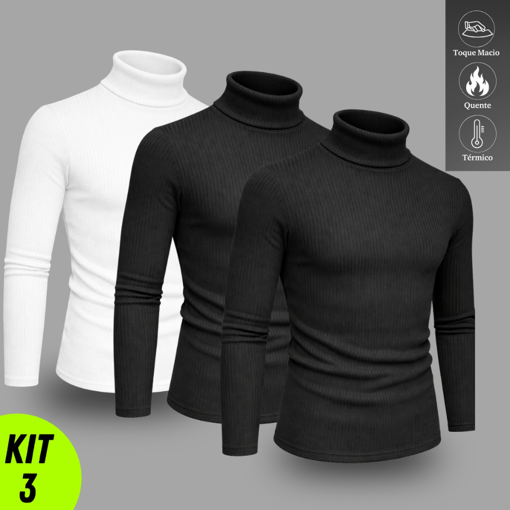 Kit Com 3 Blusa Cacharrel Masculino Gola Alta Canelado Camisas
