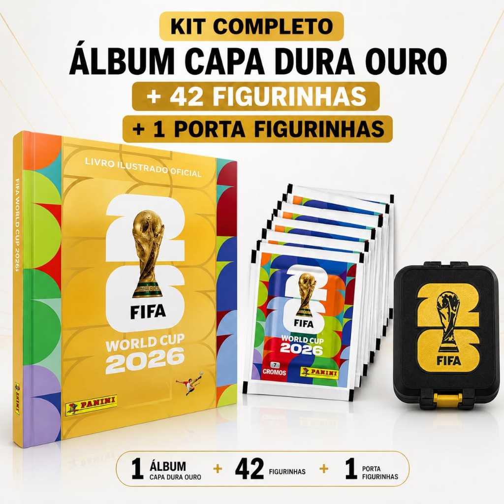 Álbum Copa do Mundo 2026 Premium Colecionador Capa Dura Dourado  42 Figurinhas e Porta Figurinhas inclusos