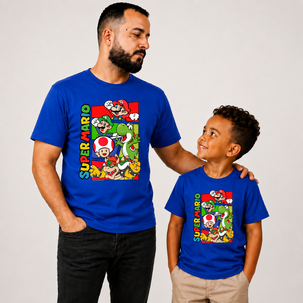 Kit Tal Pai Tal Filho 2 Camisetas Super Mario Bros Algodão Camisa Personagem Gamer Aniversário Festa
