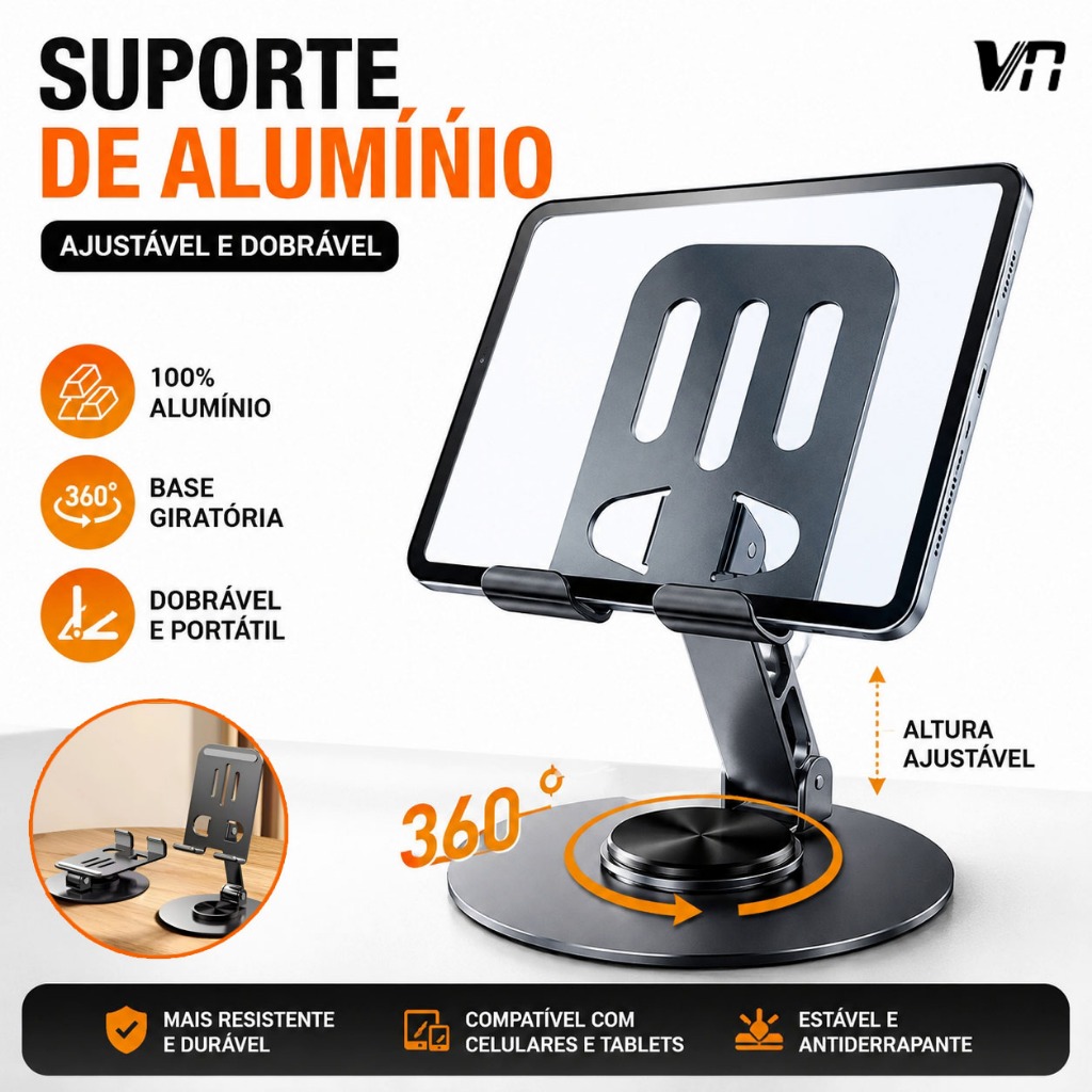 Suporte de Mesa Alumínio Dobrável 360° Altura Regulável para Celular e Tablet Ergonômico C340