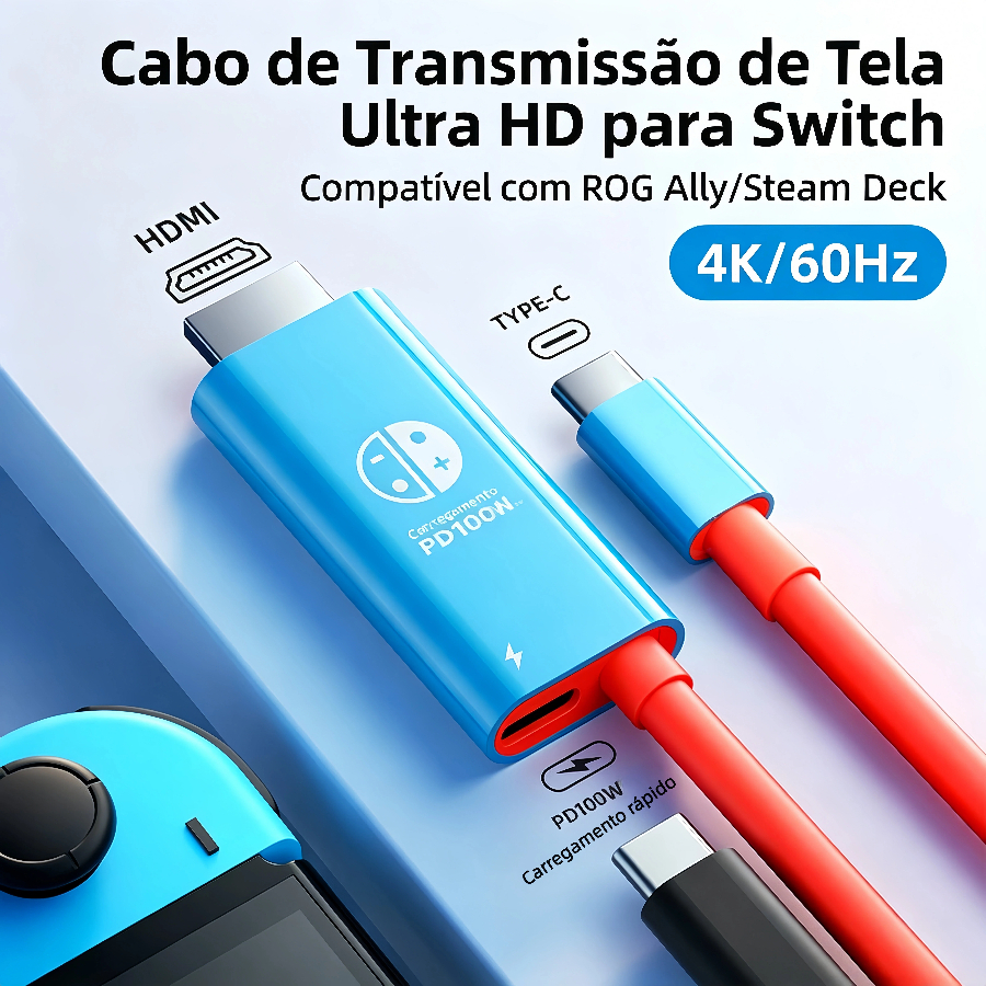 Cabo Tipo C para HDMI Nintendo Switch Projeção HD TV Adaptador Rápida 100W PD Carregamento