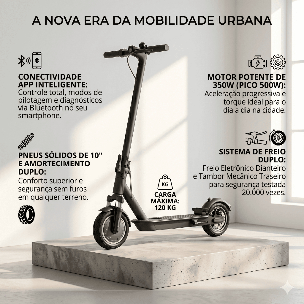 Patinete Elétrico 500W App 4 Amortecedores Suspensão Dianteira e Traseira 10 Pol Autonomia 35km Scooter Pronta Entrega