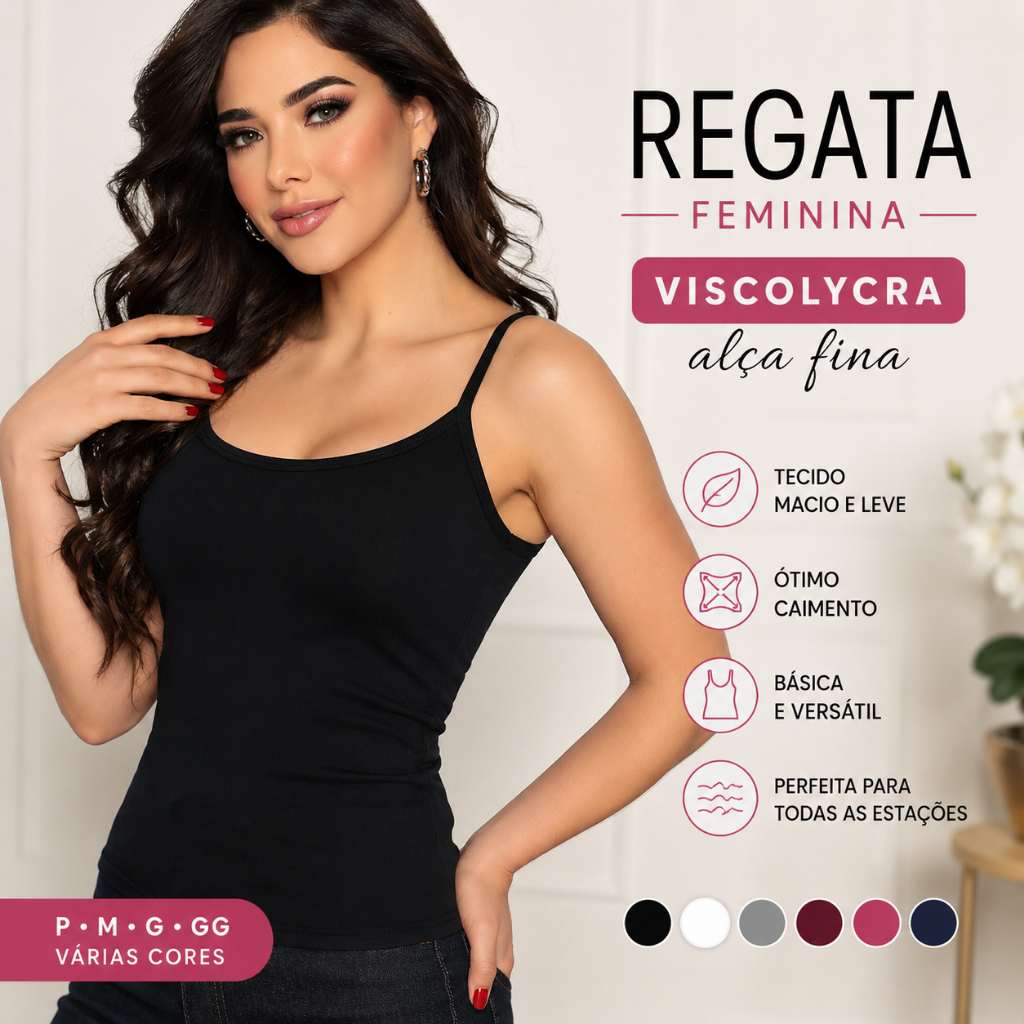 Regata Feminina Viscolycra Alça Fina Blusinha Básica Lisa Verão