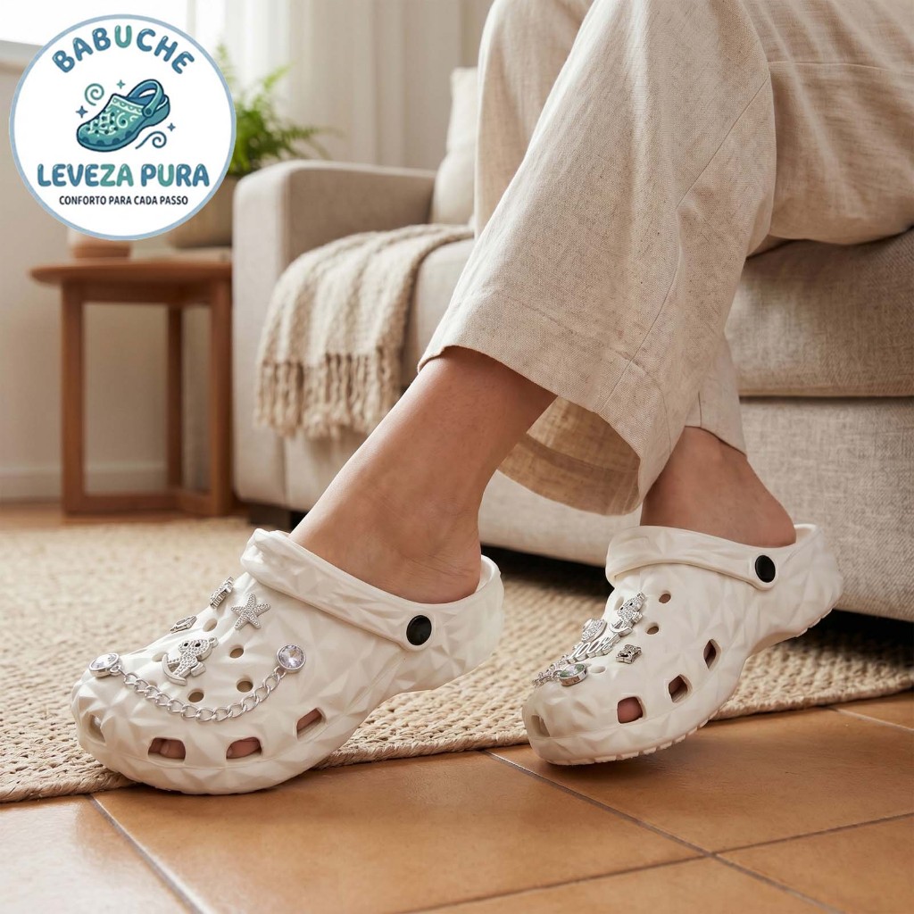 Babuche EVA Macio Casual Leve Antiderrapante Confortável com Acessórios Elegantes Textura 3D