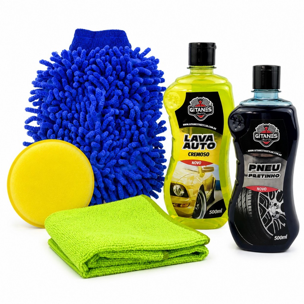 Kit Lavagem Auto: Shampoo Lava  Auto 500ml + Pneu Pretinho 500ml + Luva e Pano de Microfibra + Aplicador de Espuma Cera