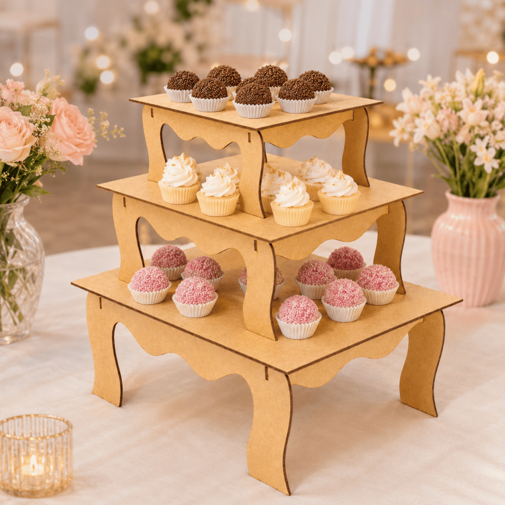 Trio Bandejas Provençal MDF Banquinho Decorativo Festa Infantil Mesa Doce Fácil Montagem Decoração Eventos