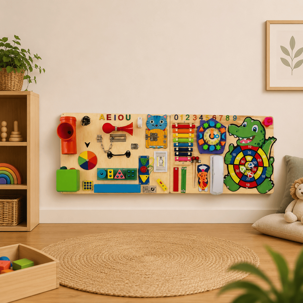 Painel Sensorial Montessoriano Educativo / Placa de Atividades/ Duplo Austrália - com 116x43cm