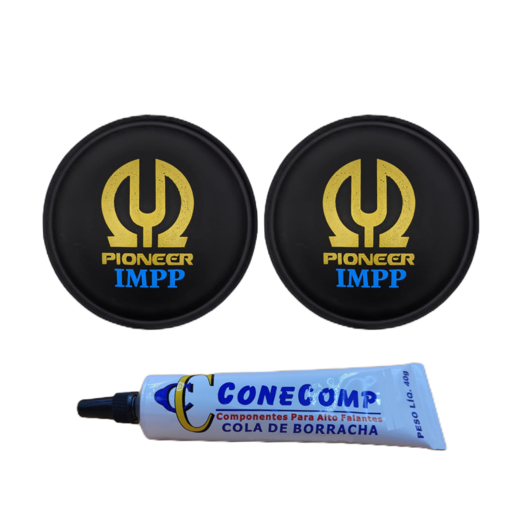 Kit 2 Protetores Calota Pioneer IMPP 120mm Tampografado Para Alto Falante + Cola Borracha Preta 40g