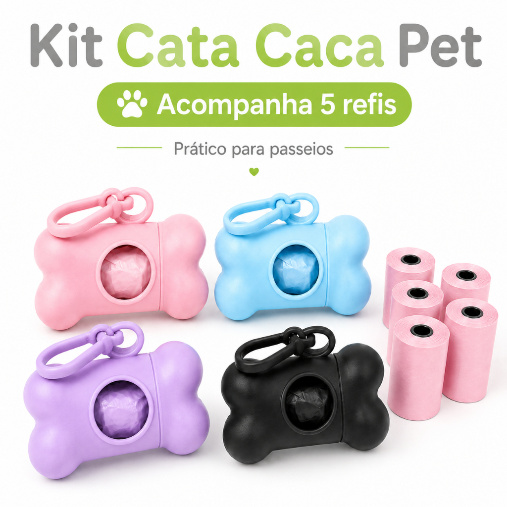 Kit Cata Caca Pet com 5 Refis Porta Saquinho Higiênico Passeio Cachorro e Gatos