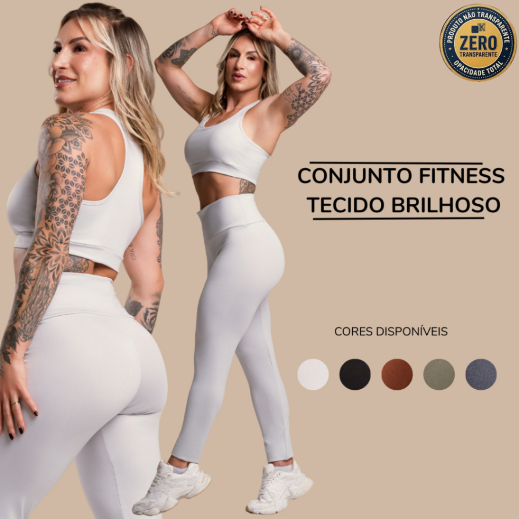 Conjunto Fitness Feminino Brilhoso Academia Treino Top Nadador e Calça Legging Lisa Cintura Alta ZERO TRANSPARÊNCIA