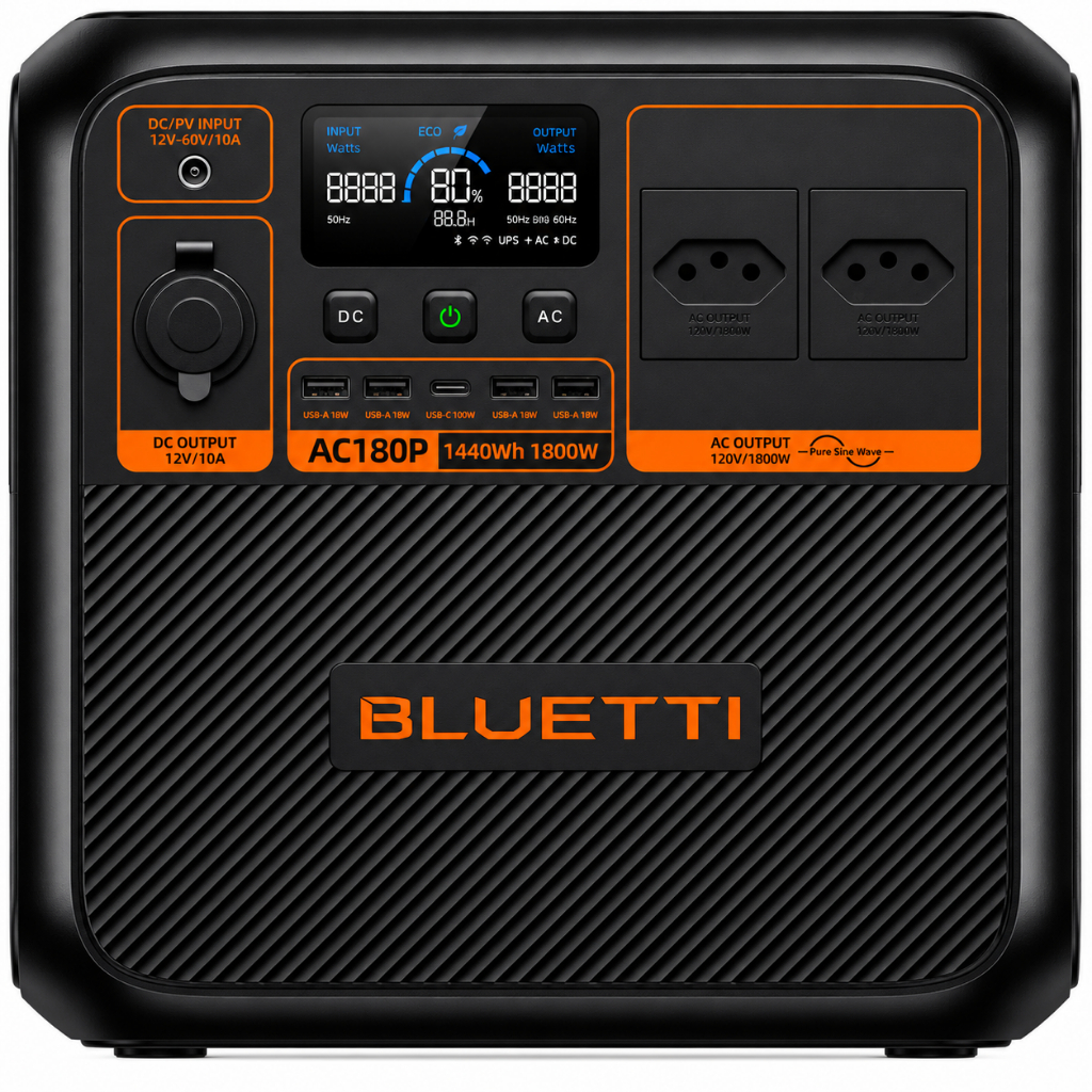 Estação de Energia Portátil Bluetti AC180P 1440Wh 1800W Potente Leve Solar 2700W De Pico