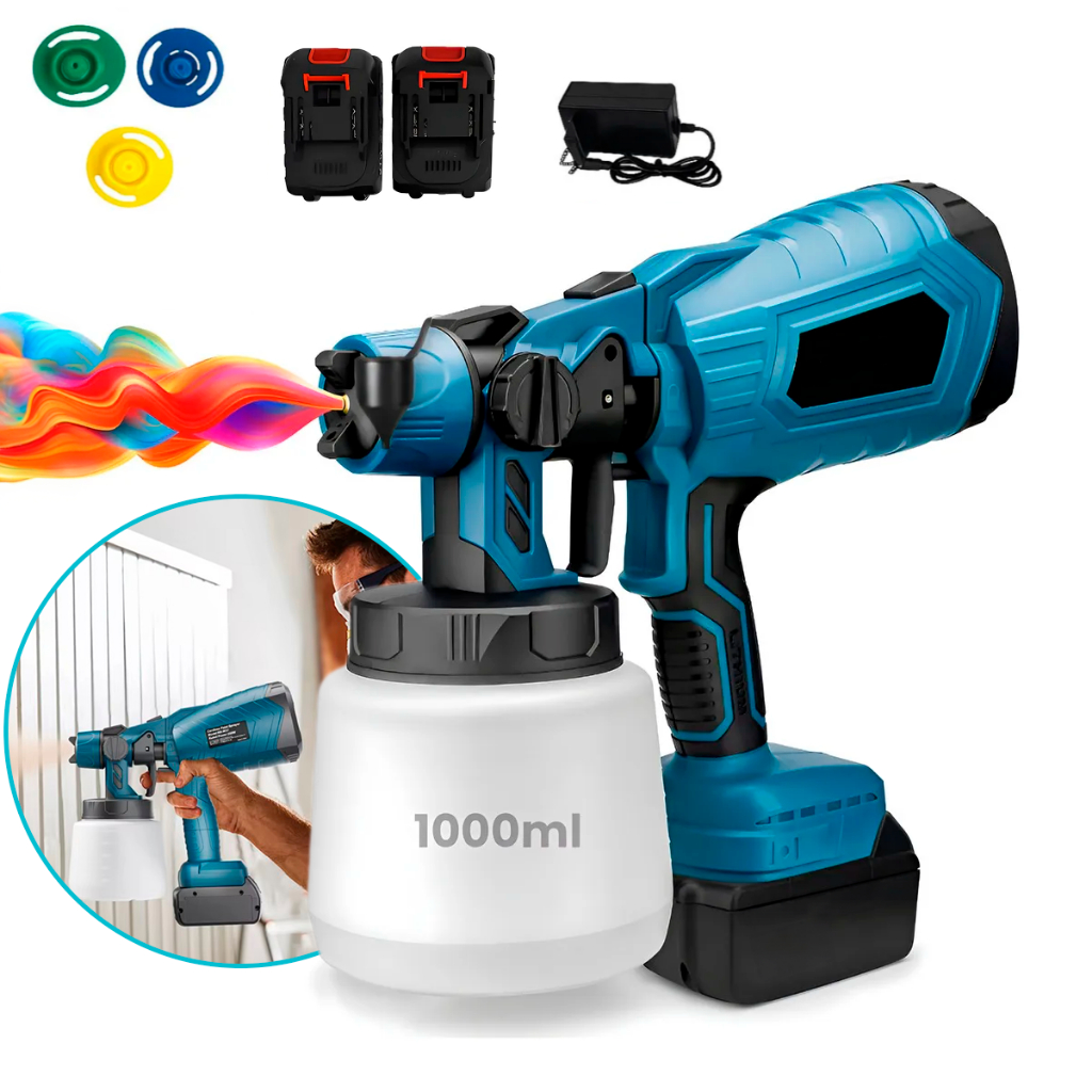 Pistola De Pintura Recarregável 2 Baterias 3 Bicos Profissional Pulverizador De Tinta 1000ml 200W