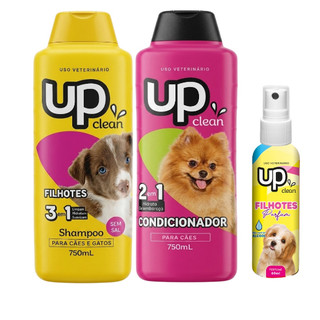 Kit Shampoo para Cachorro Filhote 750ml + Condicionador 750ml + Perfume 60ml Kit Banho Cachorro Filhote Pet UP Clean