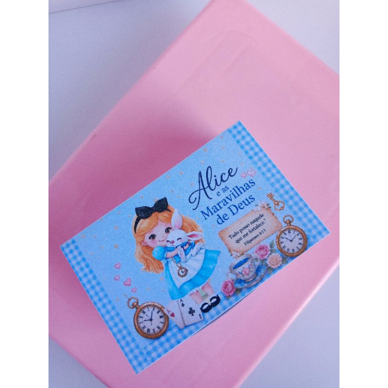 Caixinha Personalizadas Alice no País das Maravilhas Lembrancinhas de aniversário versículos Pegue e Monte