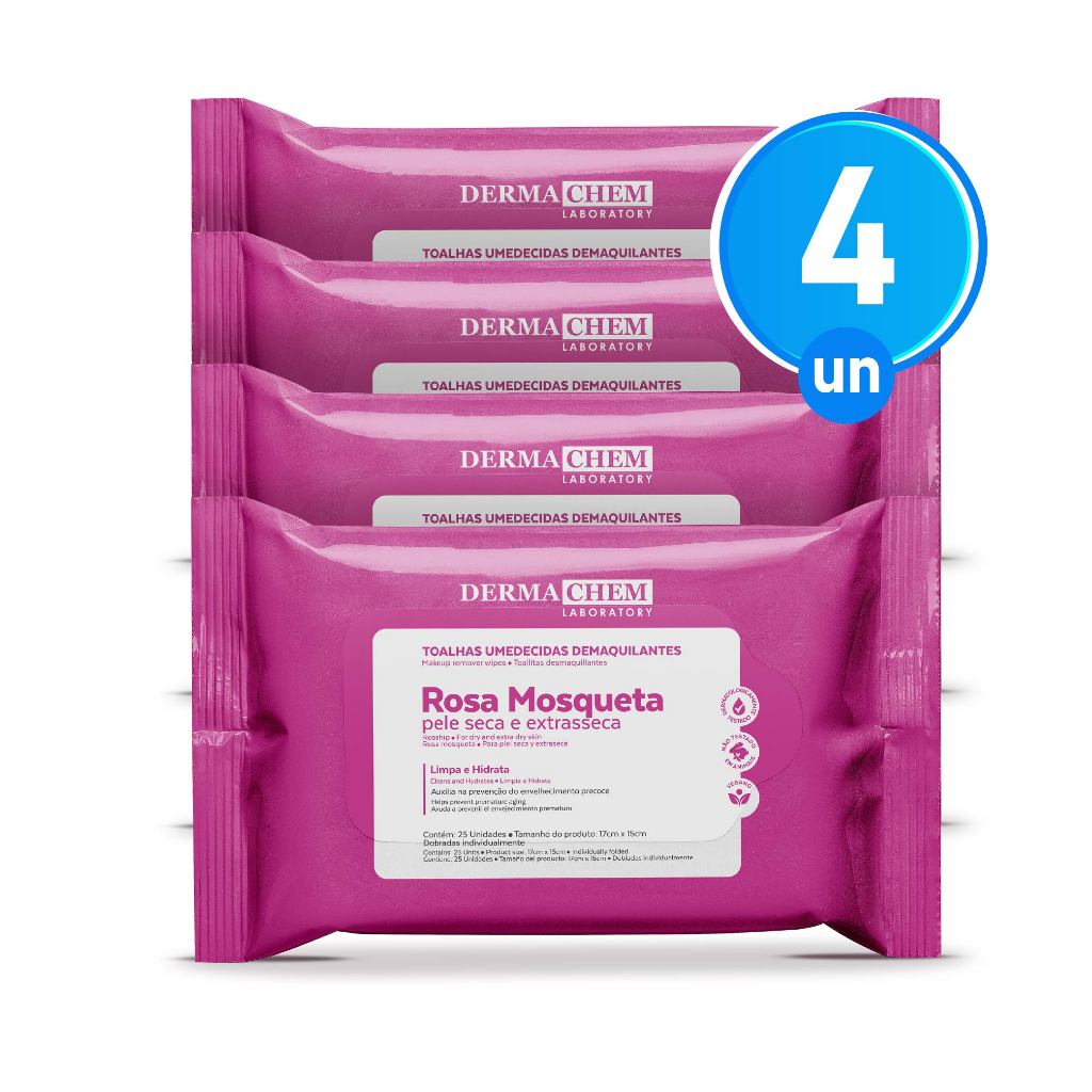 Kit 4 Toalhas Umedecidas Demaquilantes com Rosa Mosqueta 25 Lenços Limpeza e Hid