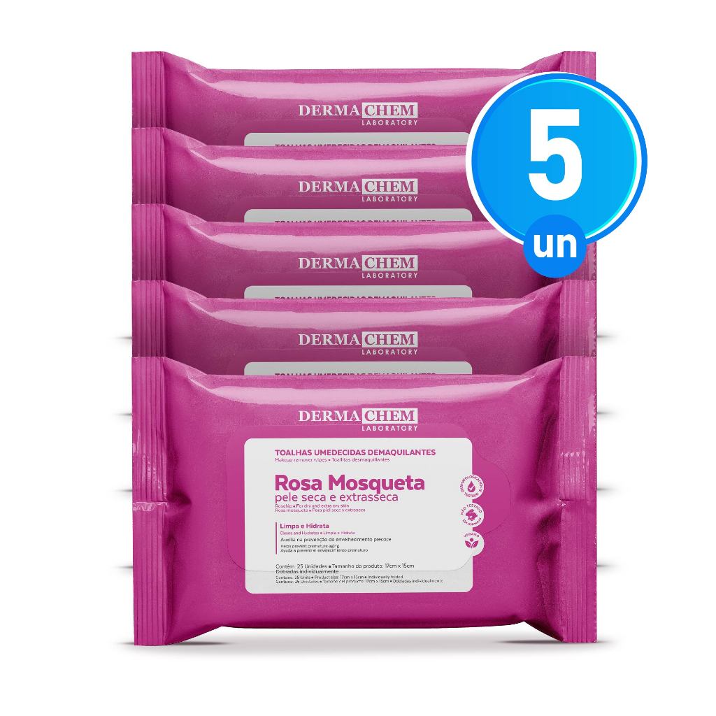 Kit 10 Toalhas Umedecidas Demaquilantes com Rosa Mosqueta 25 Lenços Limpeza e Hidratação da Pele Dermachem
