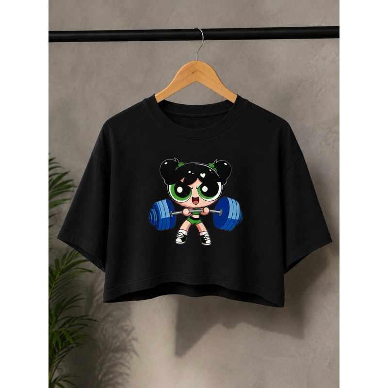 Camiseta Treino Cropped Oversized Algodão Premium Estampa Super Poderosas Fitnes Estilo Blogueira Macia Frete Grátis