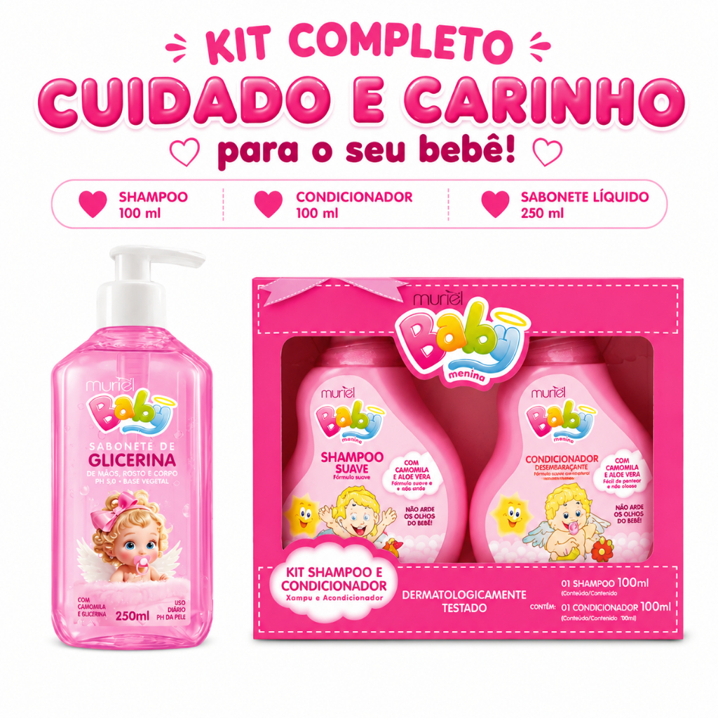 Kit Muriel Baby Shampoo + Condicionador + Sabonete Líquido 250ml + 100ml + 100ml Higiene Suave
