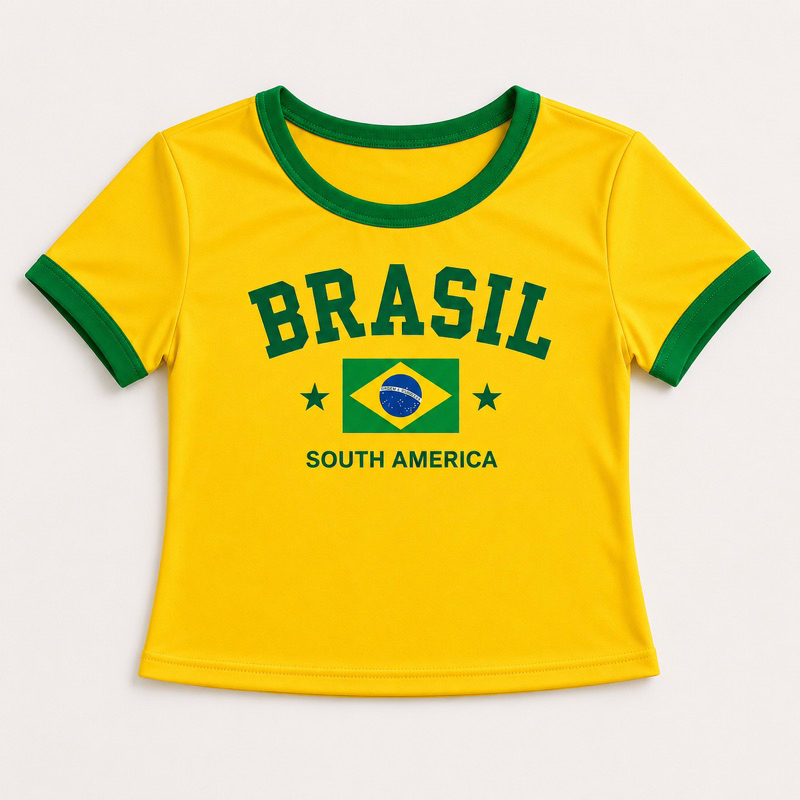 blusa croped baby look do Brasil feminina, blusinha do Brasil copa Brasil core