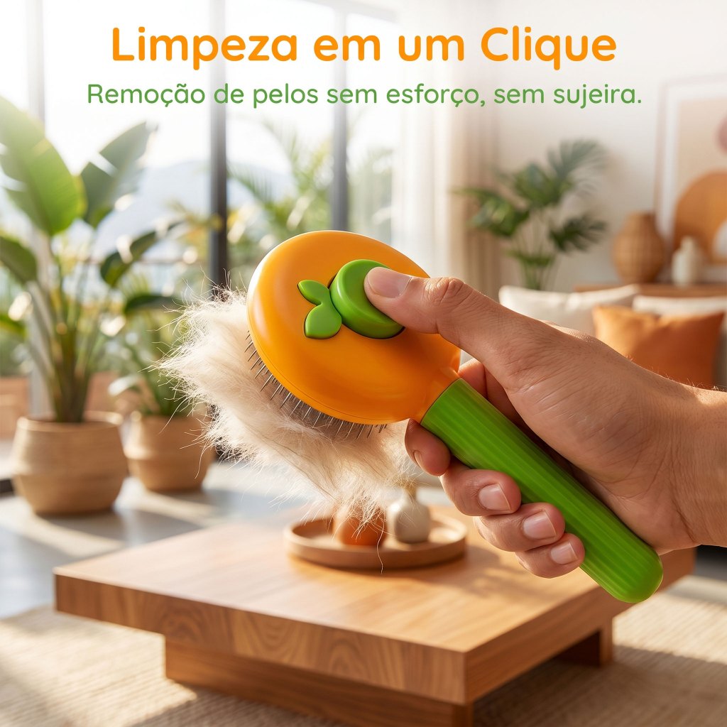 Escova em Forma de Laranja para Pets, Autolimpante, Remove Pelos com 1 Botão, Cerdas com Proteção