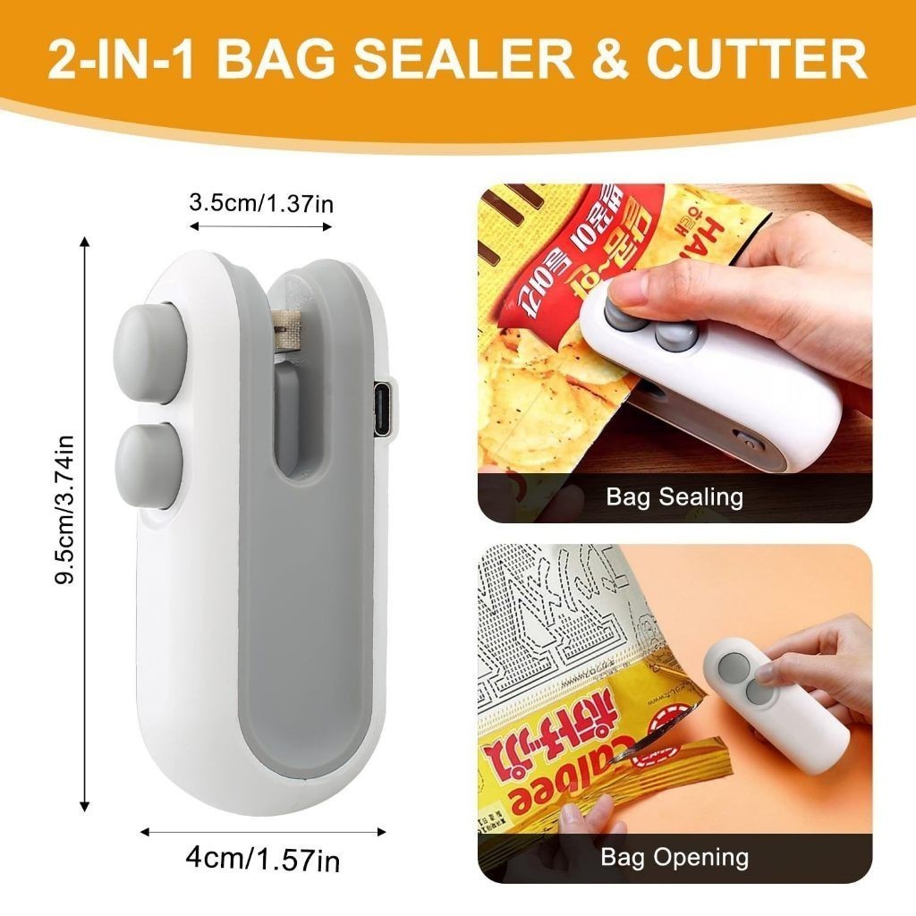 Mini Seladora de Saco Plástico Recarregável USB 2 em 1 Portátil Cortador de Embalagem Cozinha