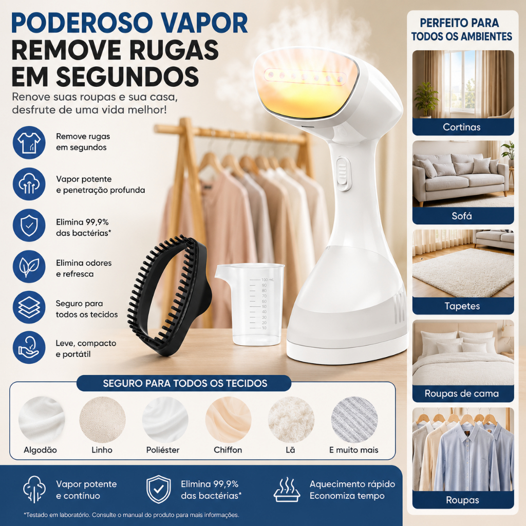 Vaporizador de Roupas Portátil com Escova Preta, Reservatório de Água de 250ml, Portátil e leve, Remove rugas
