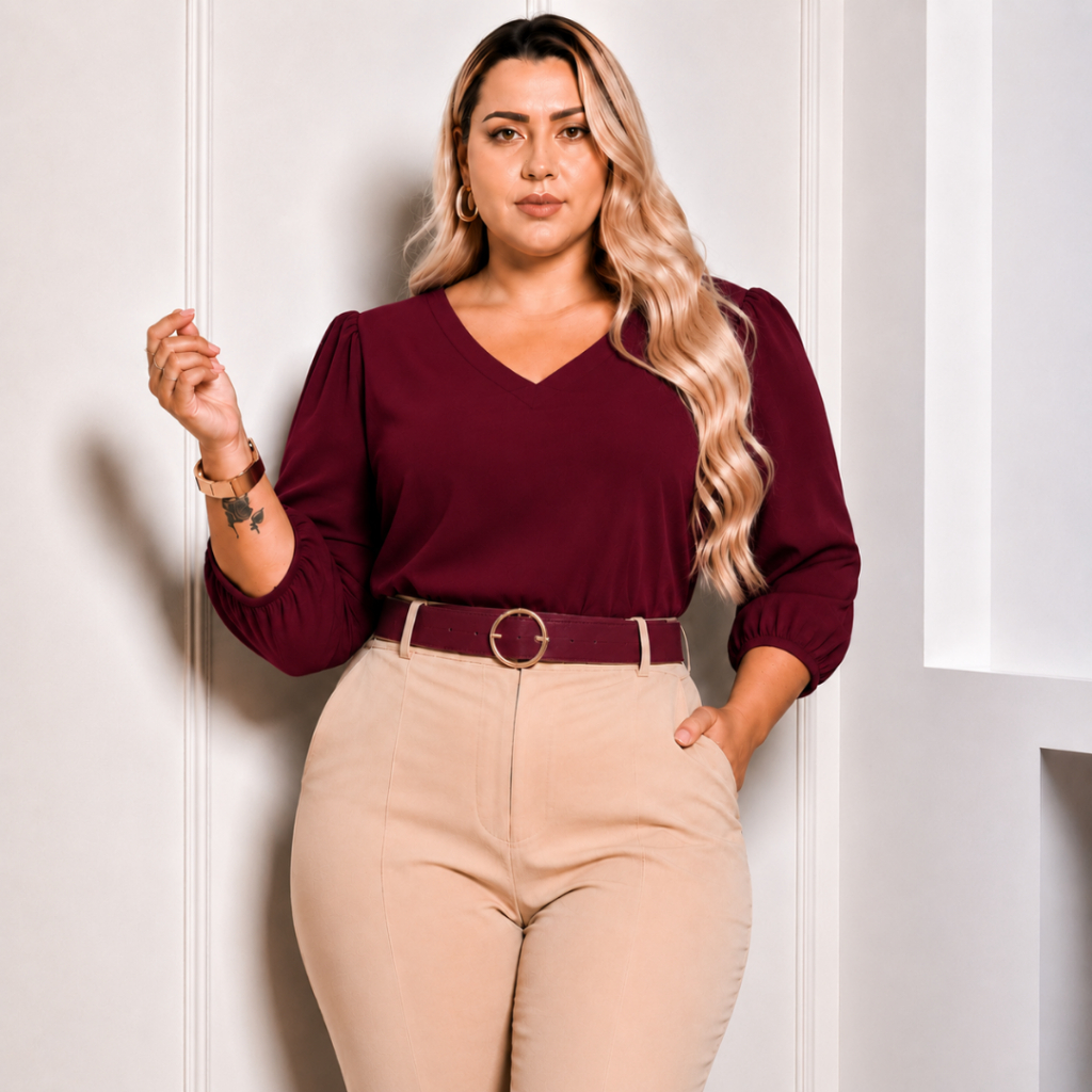 Blusa Feminina Plus Size Manga 3/4 Social Elegante Decote V