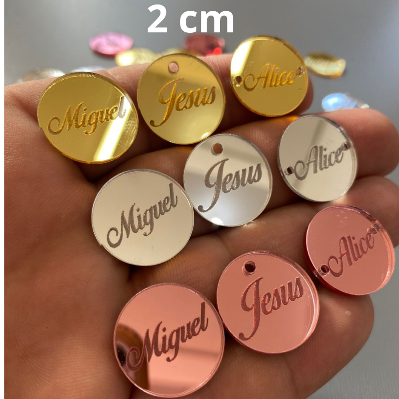 Tag Personalizada com nome ou logo / logomarca em acrílico espelhado Redonda com 2cm Etiqueta / Plaquinha