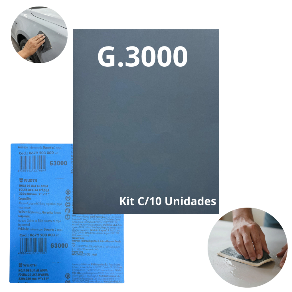 Lixa D'agua Polimento Wurth Grão 3000 - Kit com 10 Folhas Acabamento Automotivo